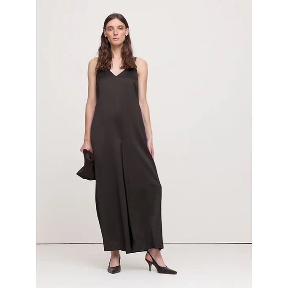 NWT Banana Republic Brown Italian Satin Wide Leg Jumpsuit Sz XS - Picture 1 of 9